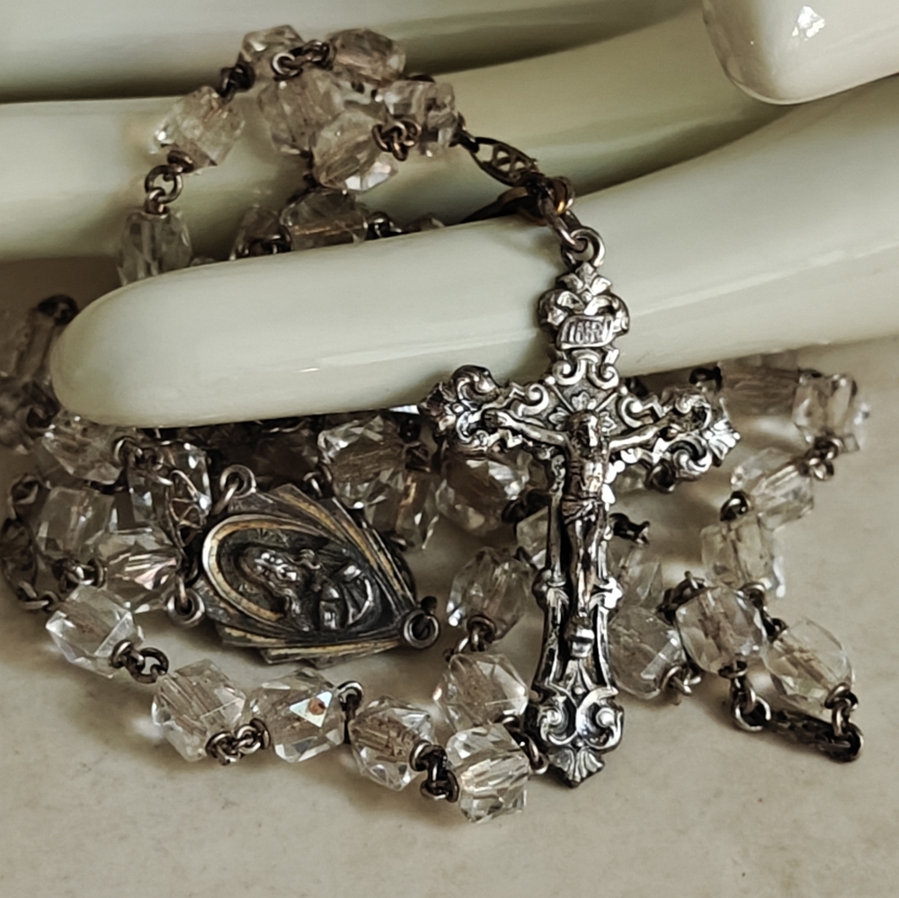 Vintage 40s Signed Gloria Sterling Silver & Rock Crystal Rosary